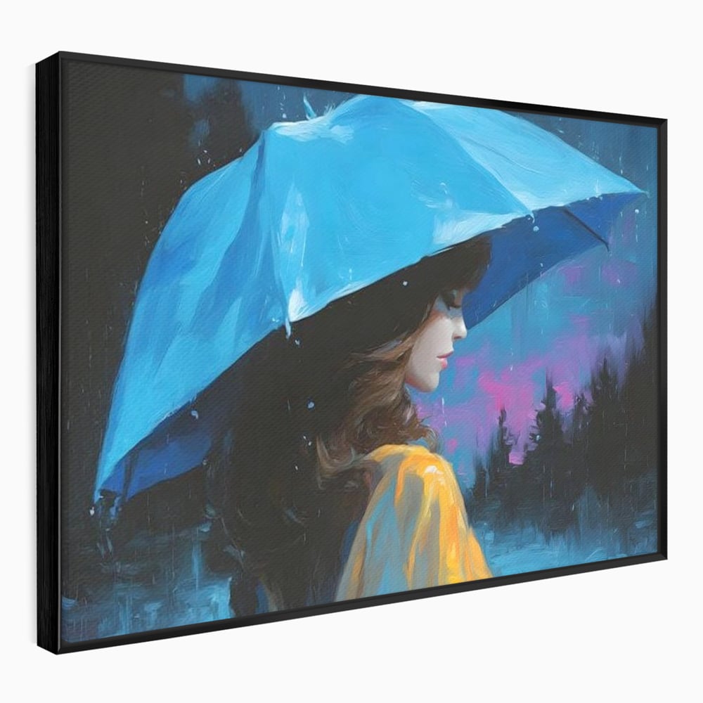 Tablou canvas cu pictura cu femeie sub umbrela albastra, in rama de aluminiu negru